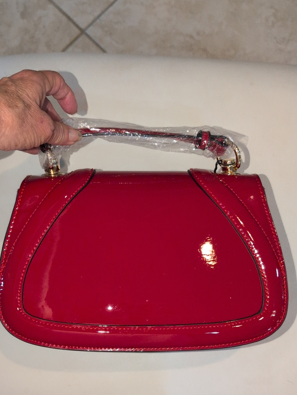 Red Patent Vegan Top-Handle Bag With Matching Crossbody Strap And Wristlet